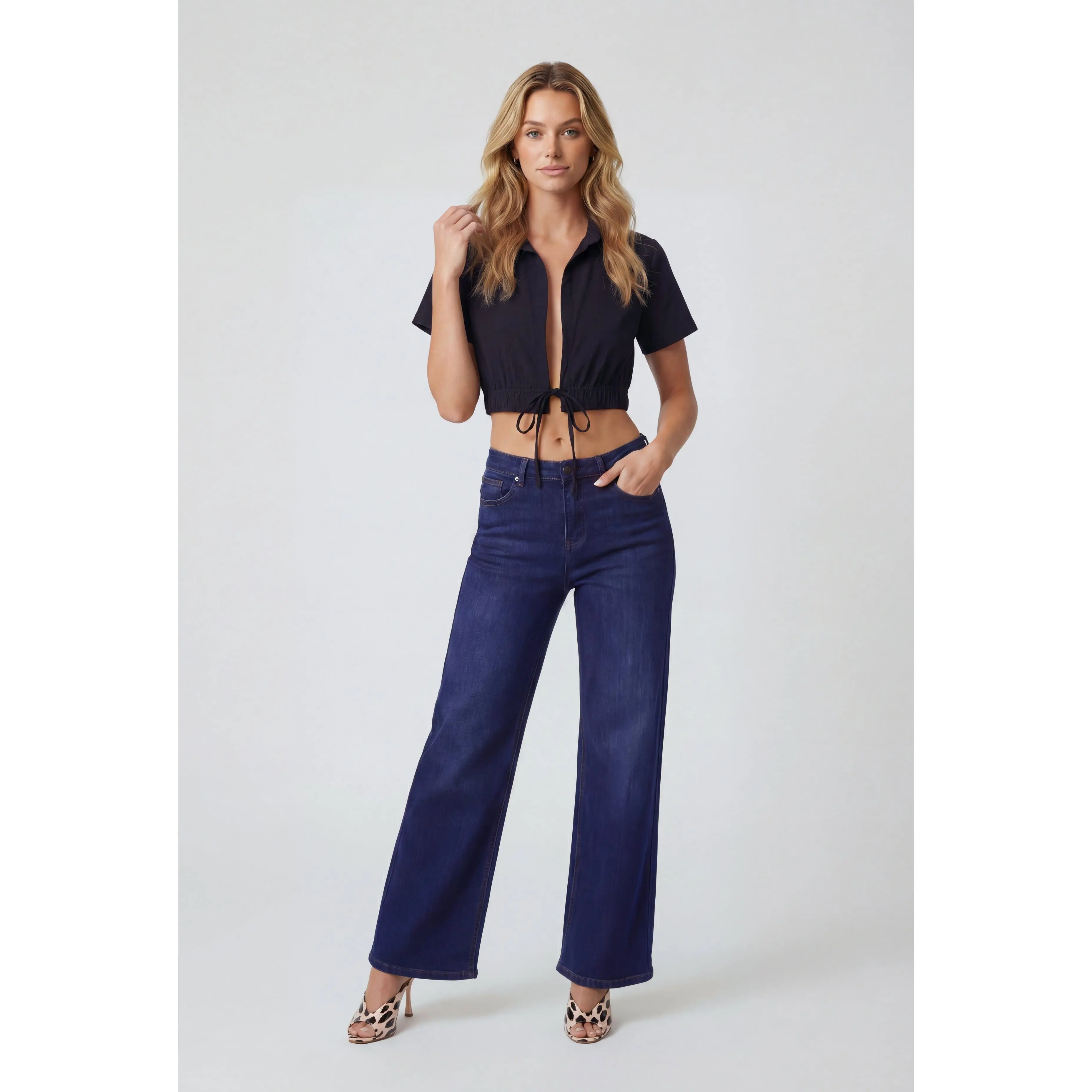Whiskered Wide-Leg High Waist Jeans