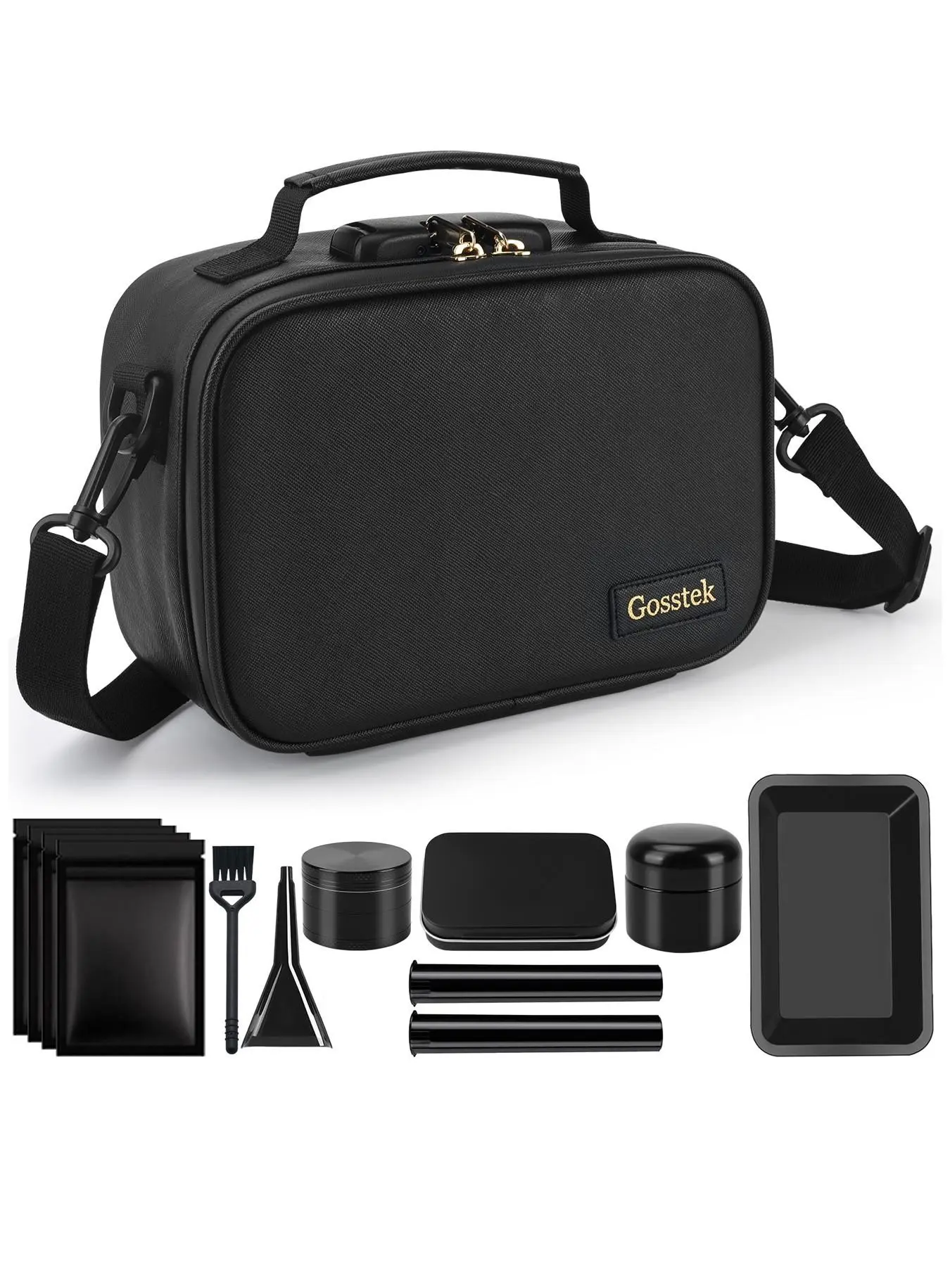 Gosstek PU Leather Odor-Locking Versatile Storage Bag with Combination Lock & 10 Accessories, Secure Organizer Case for Daily Essentials, Black
