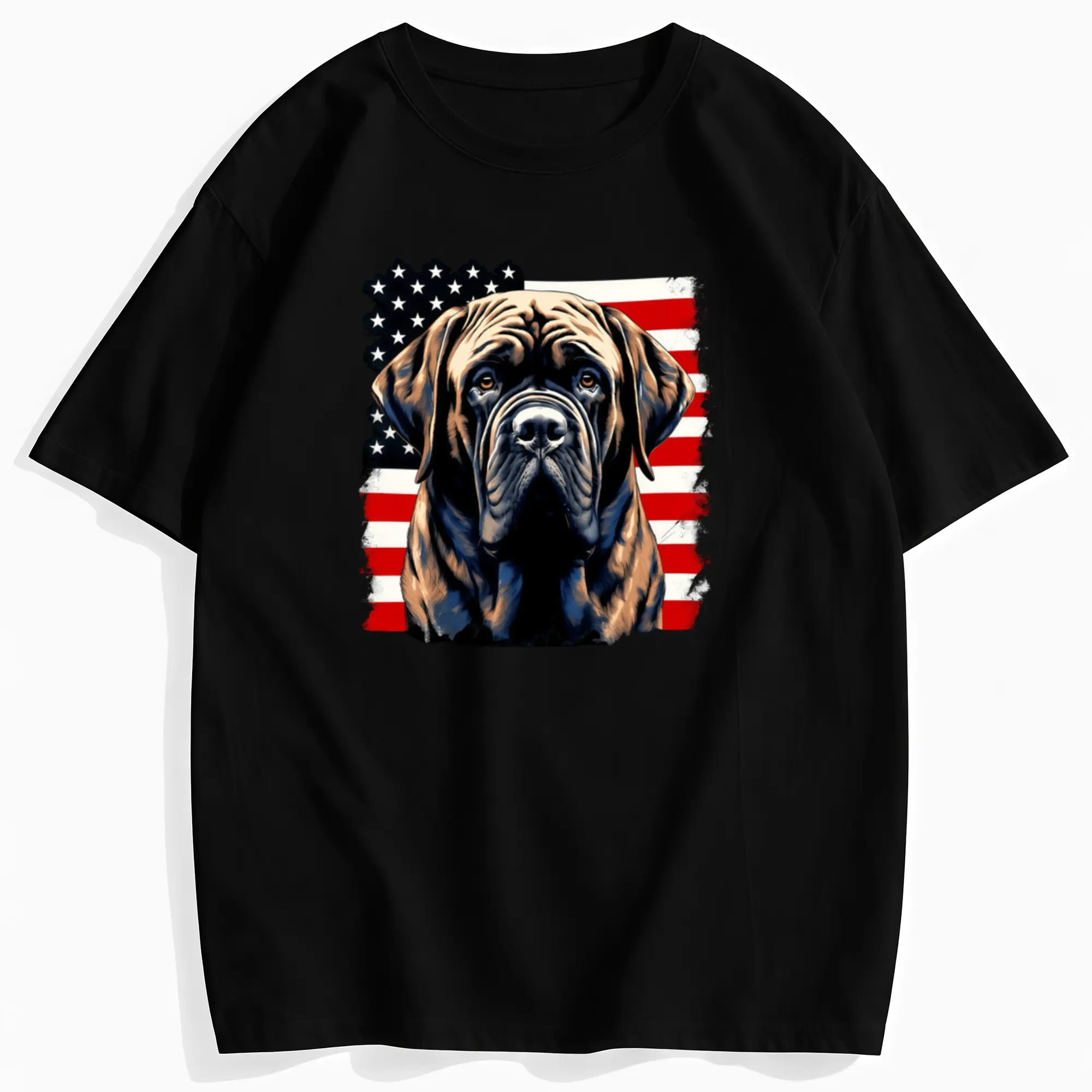 Men's & Women's English Mastiff Dog US Flag T-Shirt - 100% Cotton Casual & Athletic Loose Fit Round Neck Short Sleeve Shirt with Mastiff & Stars Print,  for 4th of July, Casual Attire - Black Dog Lover Apparel
