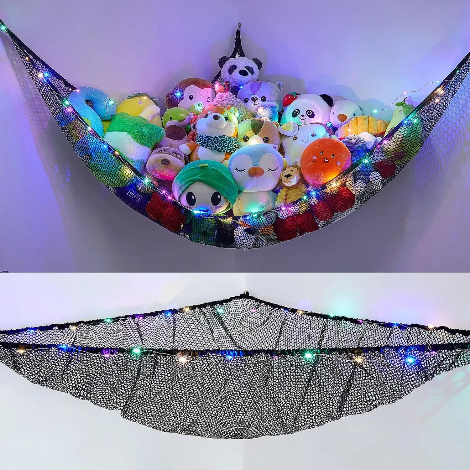 [New Deal] Stuffed Animals Net or Hammock Kids Toy Storage Organizer with LED Light Hanging Corner, Pack of 1 for Girls Room Decor Decoration Hangable, Polyester