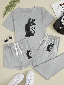 Women's Cartoon Cat Print Pajama Set, 3 Piece Sleepwear Collection, Casual Fitted Nightwear for All Seasons, Loungewear