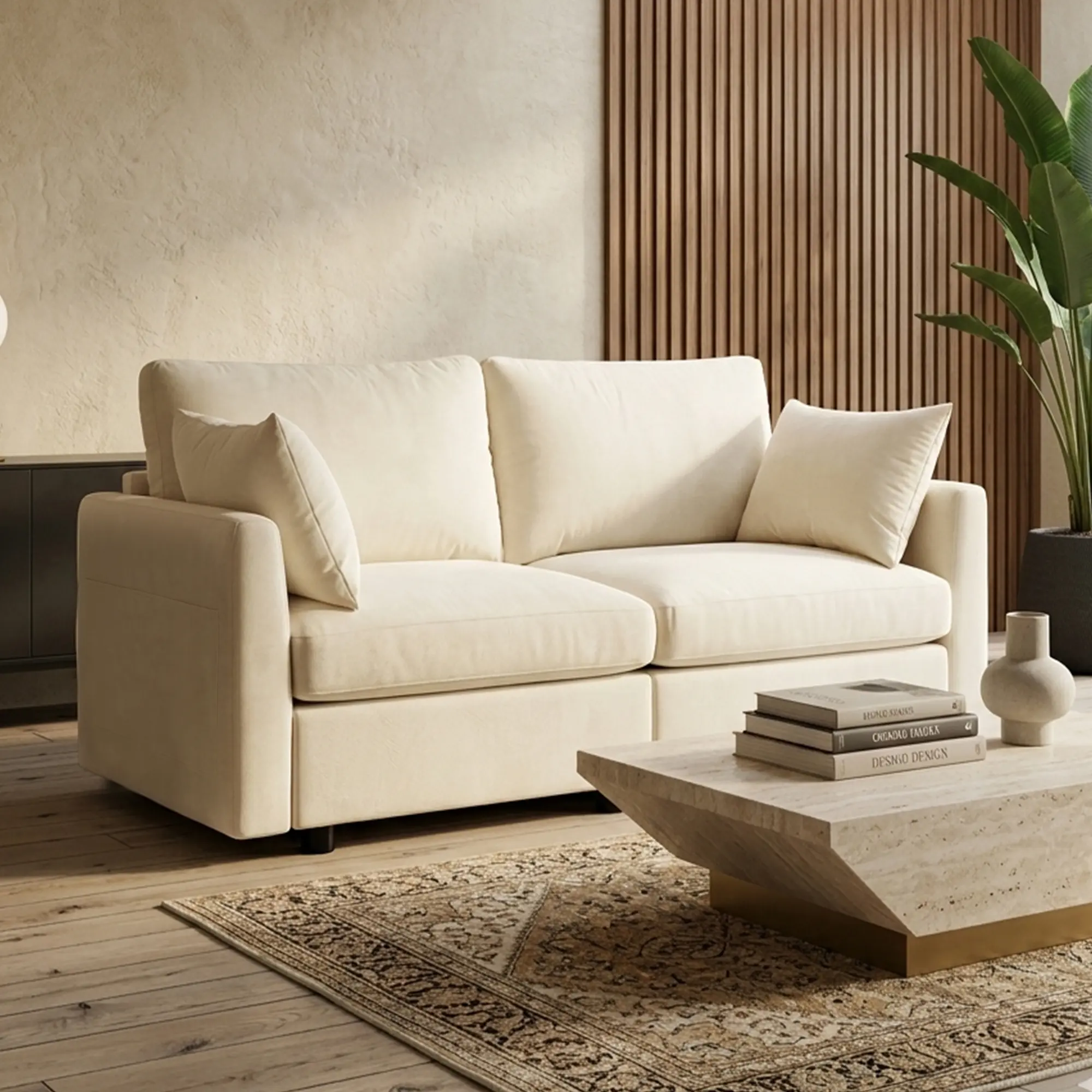 Tbfit Modular Cloud Loveseat Sofa - Compact Fixed Modern Soft Chenille Fabric Couch, Spring Cushions, Soft Foam Support, Deep Seating Apartment Small Scale Living Room Indoor Furniture, Beige (Assembly Required)