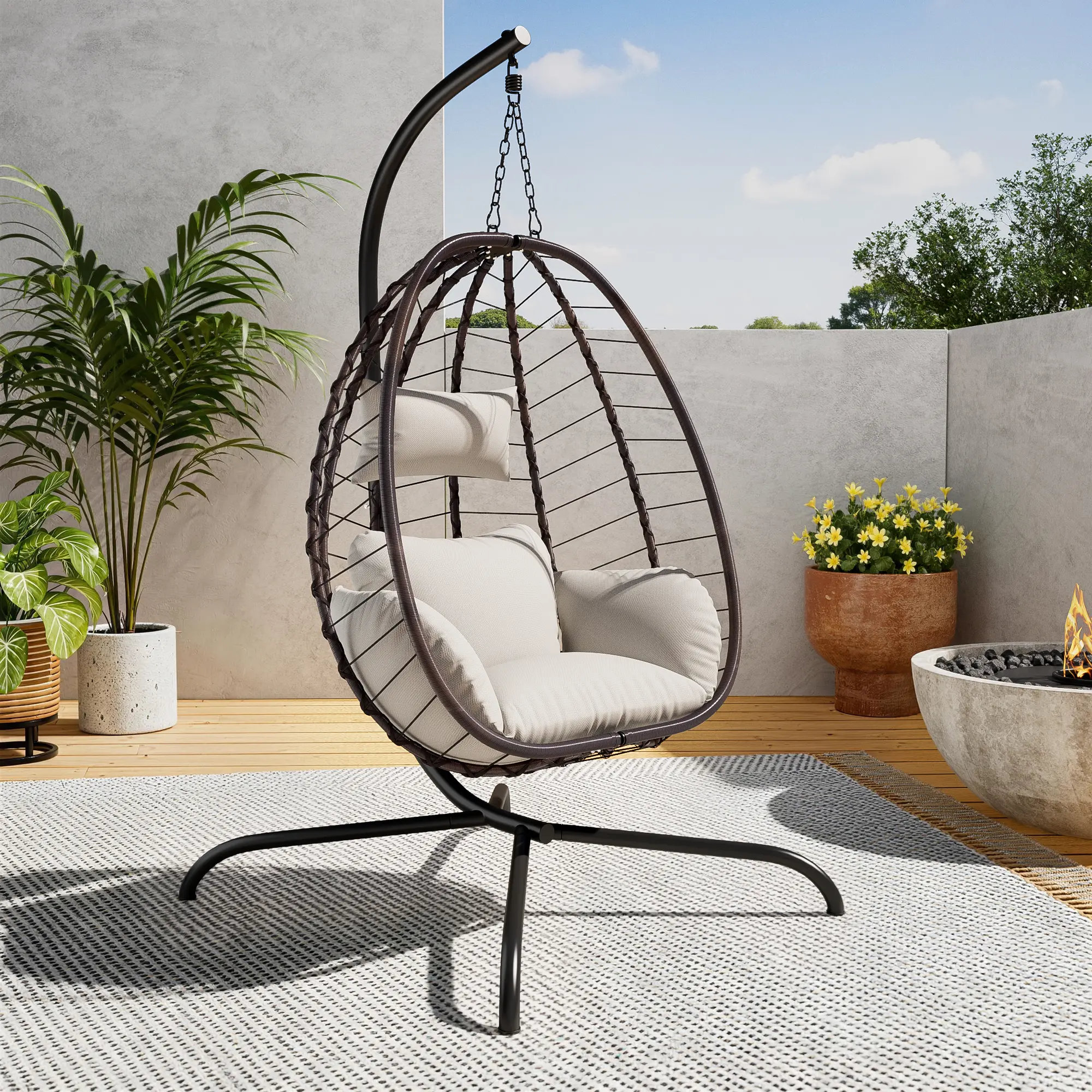 Wicker Rattan Egg Swing Chair with Stand, Patio Furniture, 485lbs Capacity Strong Frame & Cushions, Outdoor Patio/Backyard Balcony Rocking Chair, Indoor-Outdoor Armchair for Bedroom, Outdoor Patio Furniture