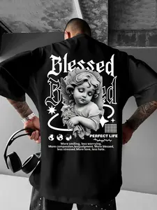Black Cotton Men's T-Shirt 180g Pure Cotton Men's Sport Casual Blessed Angel Design With Inspirational Quotes Perfect Life Message For Everyday Wear And Gift For Loved Ones Friends Or Family Members Who Appreciate Faith And Positivity