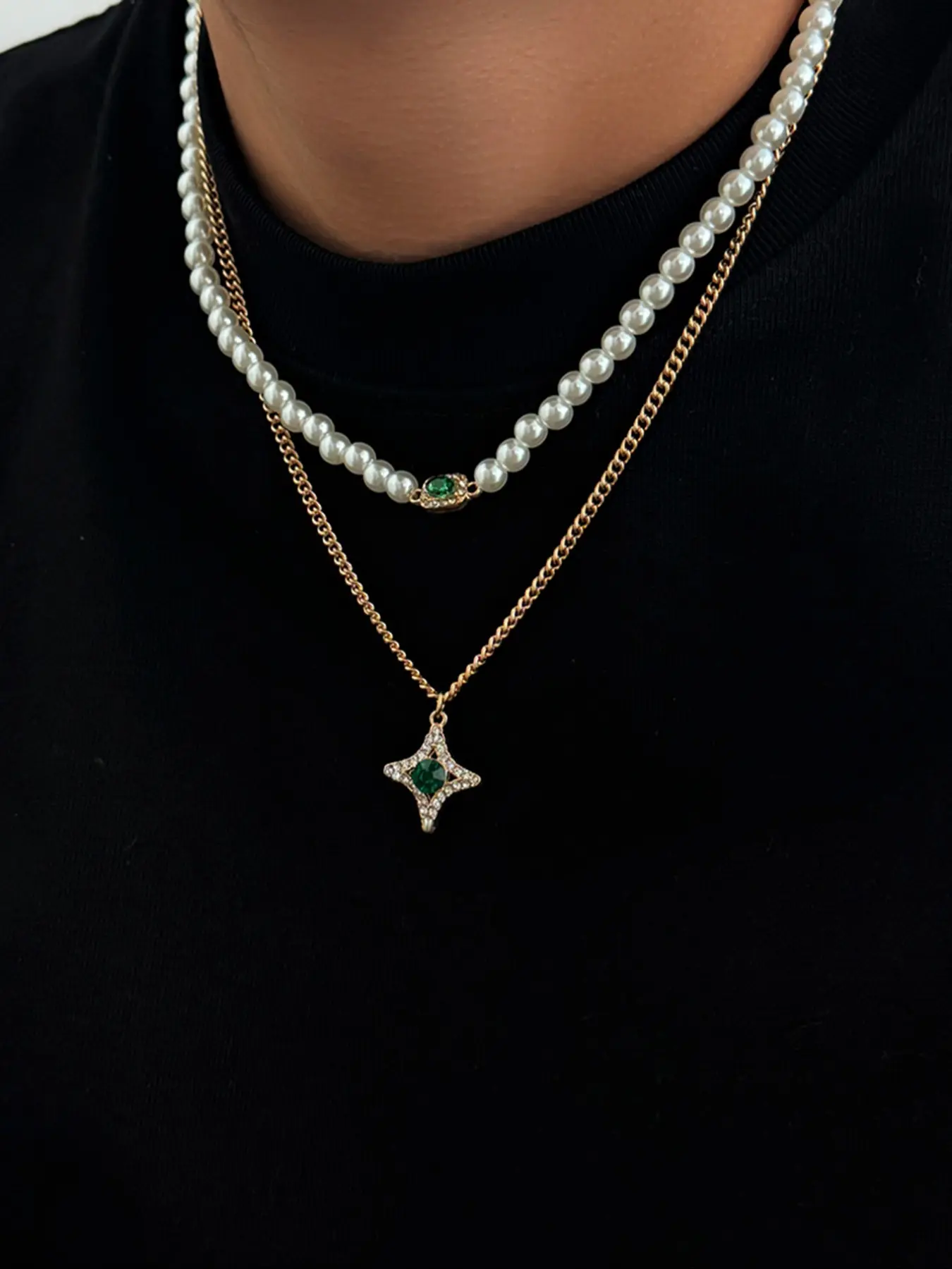 Trendy Casual Faux Pearl Starburst Rhinestone Pendant Necklace Set, Vintage Design Jewelry Gift for Men, Daily Party Versatile Accessory, Fashion Necklace, Necklace Stack, Rhinestone Decorated Necklace, Stackable Necklace