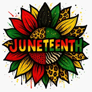Juneteenth DTF Transfer for T-Shirts - Colorful Sunflower Design with Leopard Print Leaves and Bold Text