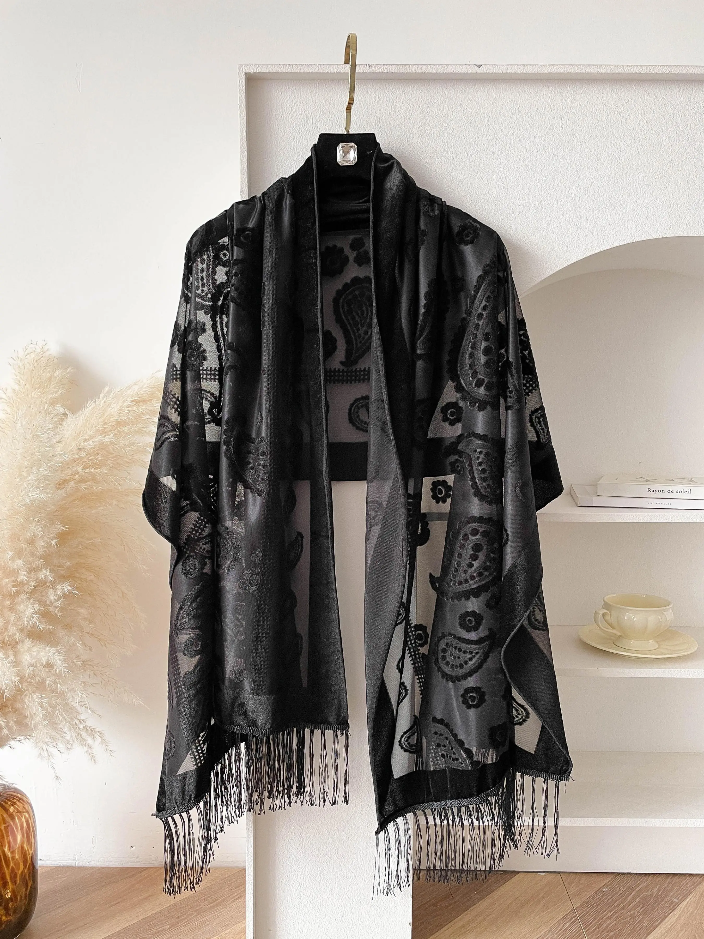 Women's Floral Embroidery Sheer Mesh Shawl, Boho Floral Scarves, Fringe Trim Long Scarf, Boho Style Scarf for Evening Party Formal Occasions, Boho All-match Fashion Accessories for Daily Wear