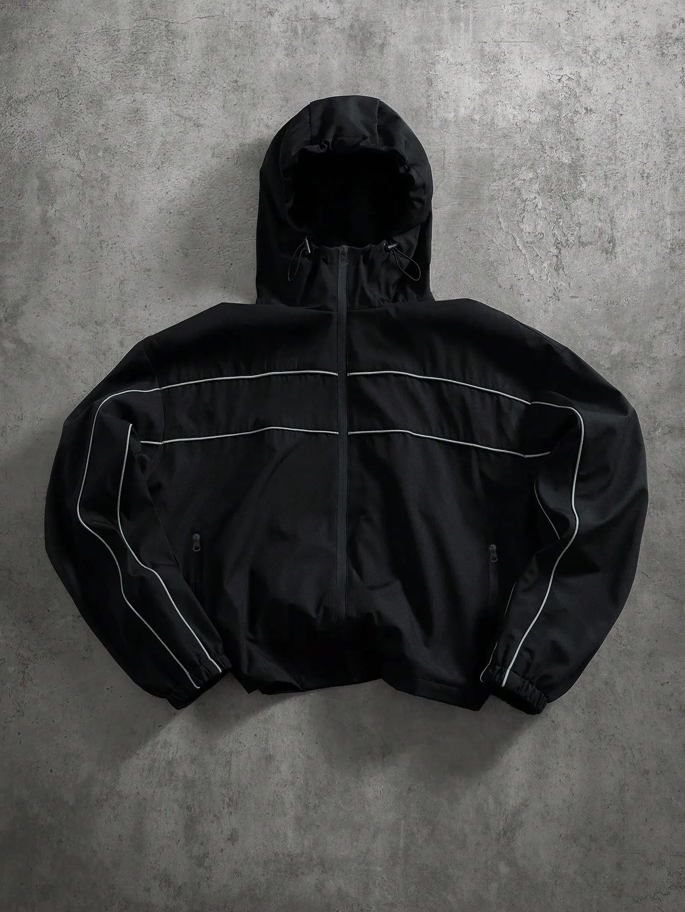 Contrast Stripe Hooded Jacket, Y2K Streetwear Zip Up Windbreaker, Casual Lightweight Track Jacket for Men Women, Drawstring Hood, Front Zipper, Side Pockets, Elastic Cuffs, Loose Fit Outdoor Layer, Fashion Athleisure Coat, Daily Wear, Trendy Shell Jacket.