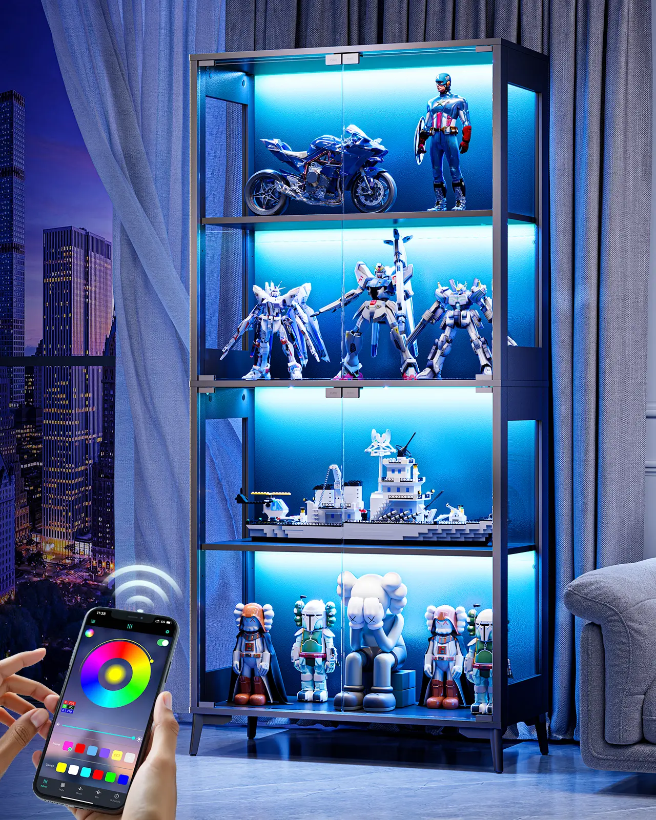 LED Glass Display Cabinet – RGB Lights, Adjustable Shelves, Metal Frame | TikTok Trending Living Room Upgrade, Lighted Curio Cabinet, Modern Cabinet
