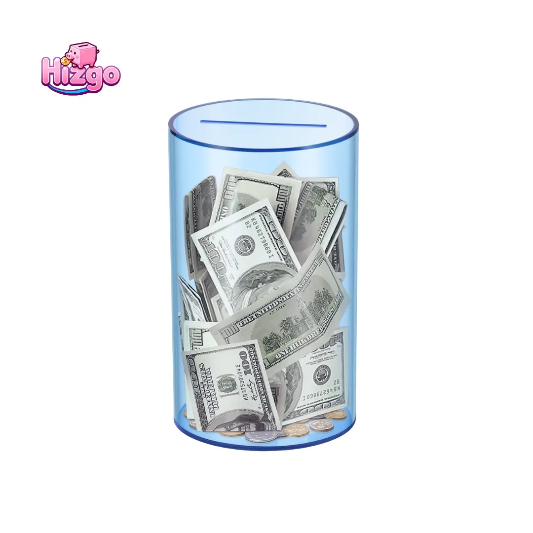 Hizgo Adults Clear Piggy Bank, Medium Blue， Suitable for Adults and Kids, 8" H x 5" Diameter, Must Break to Open Unopenable Acrylic Savings Jar, Perfect Holiday Gift & Money Saving Essential