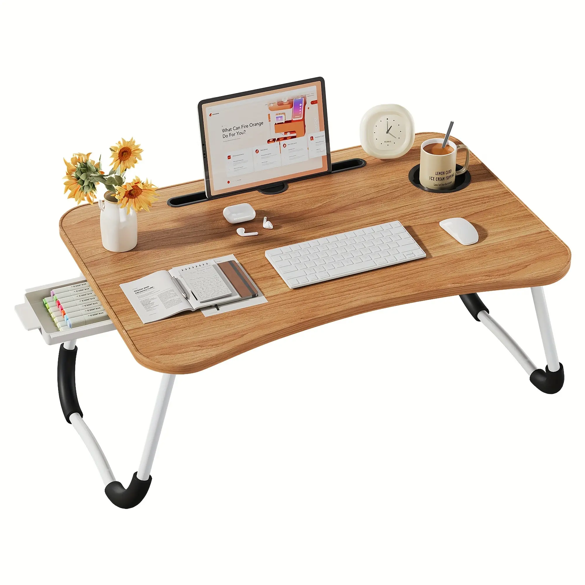 Back To School Foldable Lap Desk for Bed, Wooden Bed Tray Desk with Tablet Slot, Cup Holder & Side Storage Drawer, Portable Laptop Stand for Couch, Sofa, Floor, Reading & Eating