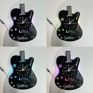 Guitar-Shaped Vinyl Wall Clock,Vintage Wall Clock, 7 Color Changing Modes, Mechanical Movement, ,Music Decor for Living Room, Bedroom,Cafe - Ideal Gift for Guitarists, Music Lovers, Birthday, Christmas gifts, Mother's Day, Ramadan, Valentine's  Day