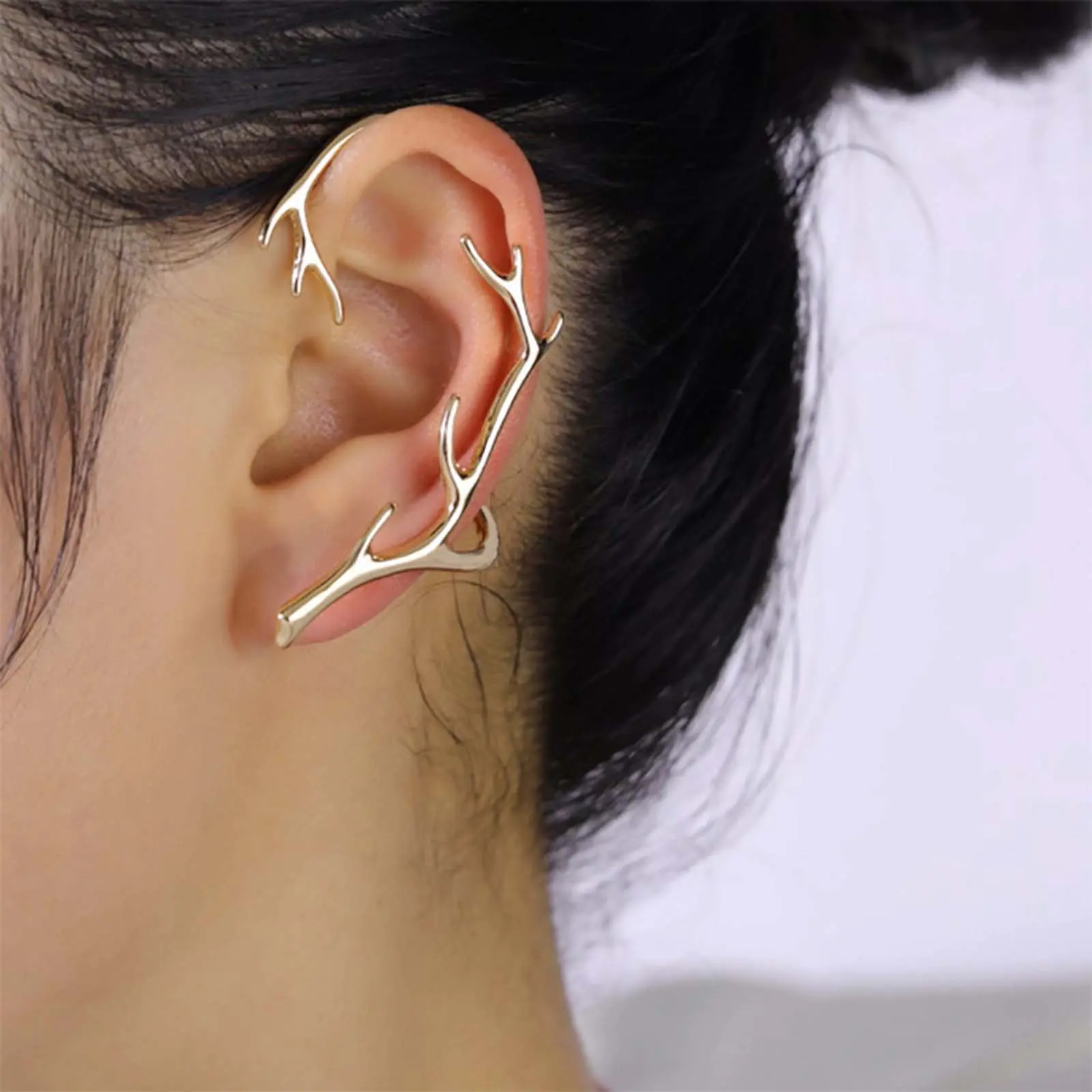Geometric Deer Antler Earring Set for Women, Nature-Inspired Statement Wrap-Around Ear Cuff with Matching Stud, Stud Earrings, Female, Nature-Inspired Elements, Polished Finish, Creative Jewelry Lovers, Fashion, Antler Motifs