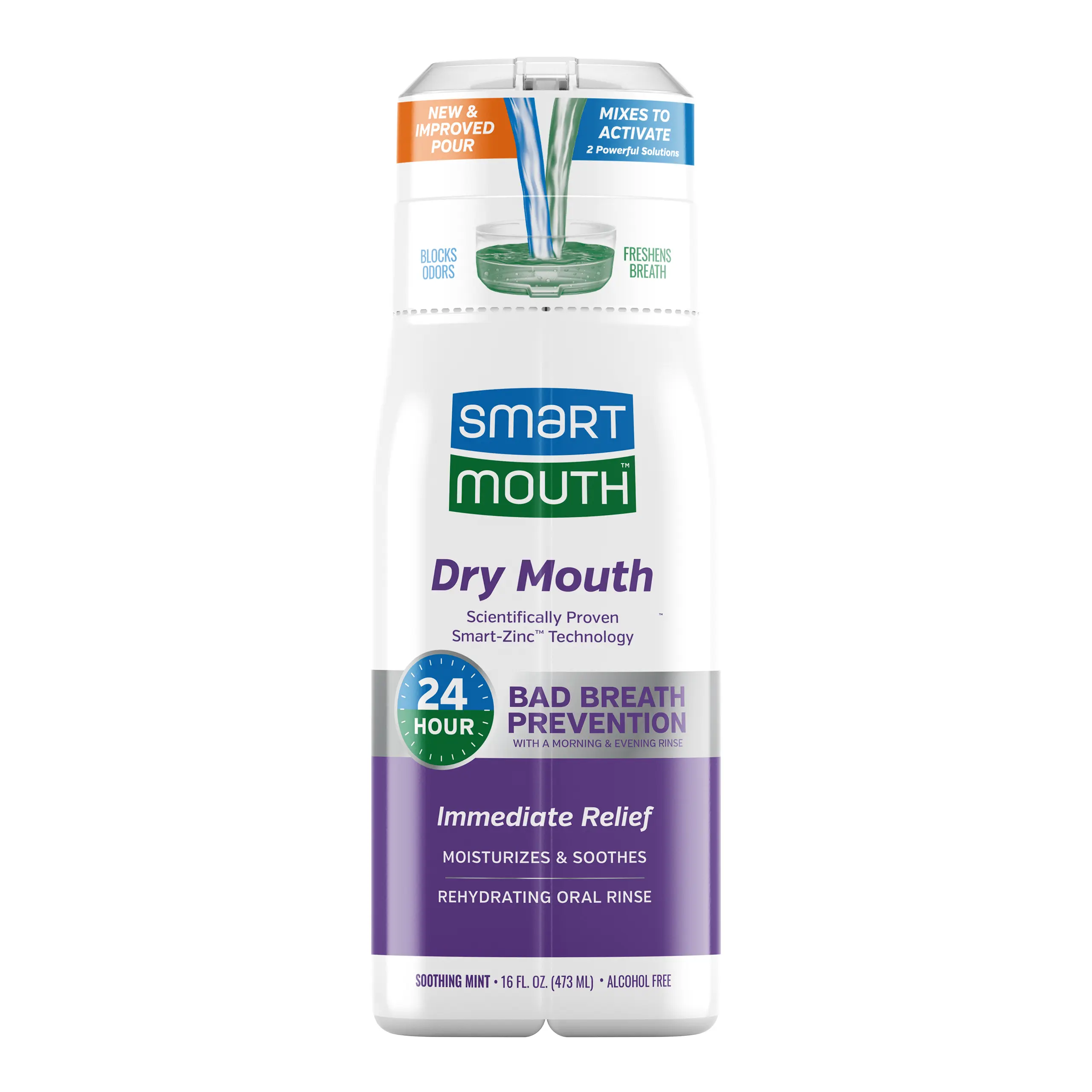 SmartMouth Dry Mouth Zinc Activated Mouthwash - Dry Mouth Rinse for Immediate Relief & Instant Fresh Breath - Optimal Oral Health - Sugar, Gluten & Alcohol-Free - Soothing Mint - 16 fl oz