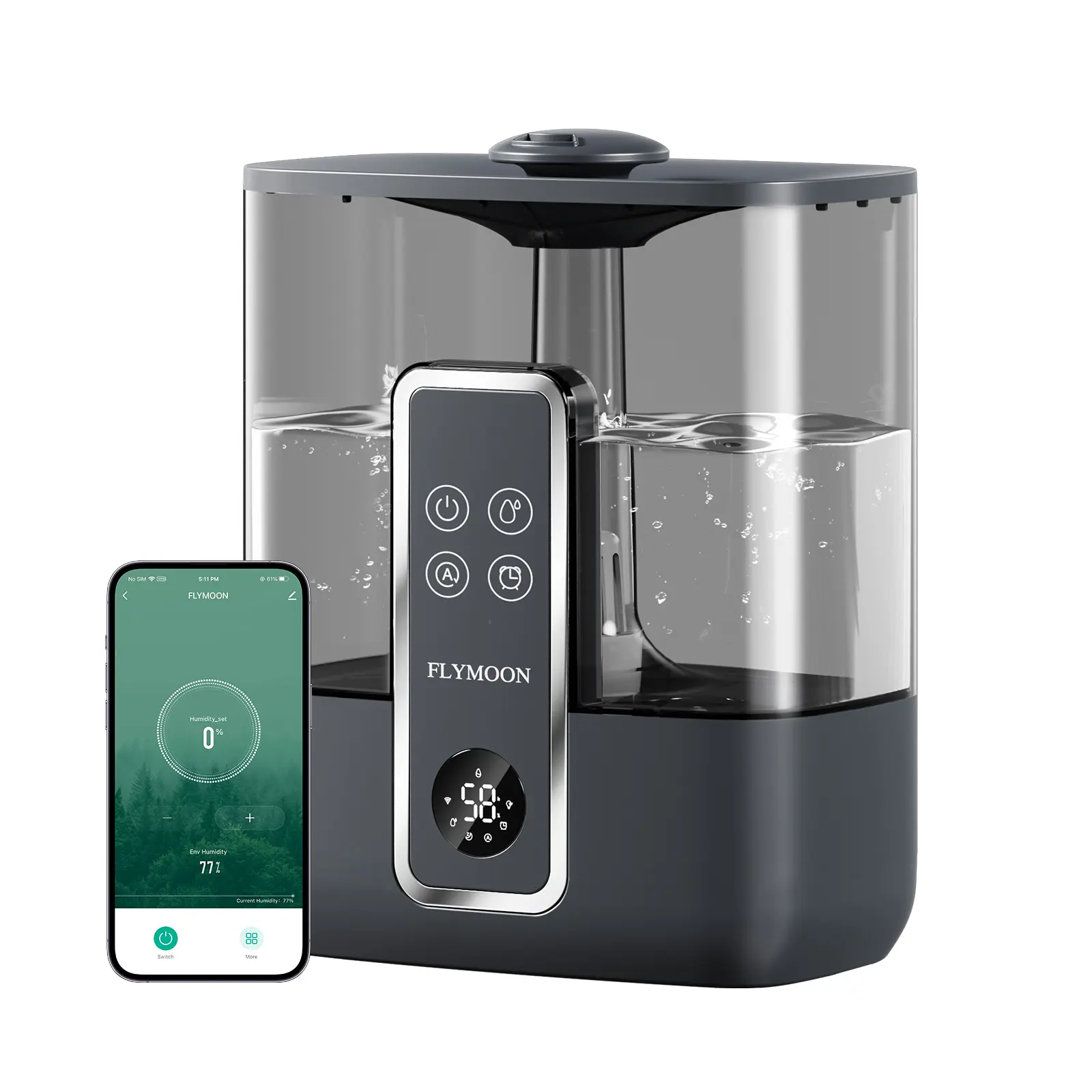 Flymoon 5L Automated Smart Humidifier - Quiet Cool Mist, WiFi Remote Controlled, Touchscreen, Top Fill, 28dB, 3 Mist Levels, 12H Timer, Sleep Aid Calm Sleep Support for Babies, Bedroom, Large Room