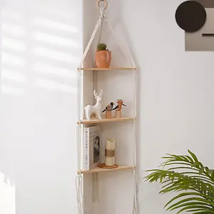 Macrame Hanging Shelf Boho Wall Decor 3 Tier, Handmade Cotton Rope Rustic Wood Floating Shelves, Display Photos Plant Hanging Storage Shelves for Bathroom, Bedroom, Living Room, Nursery