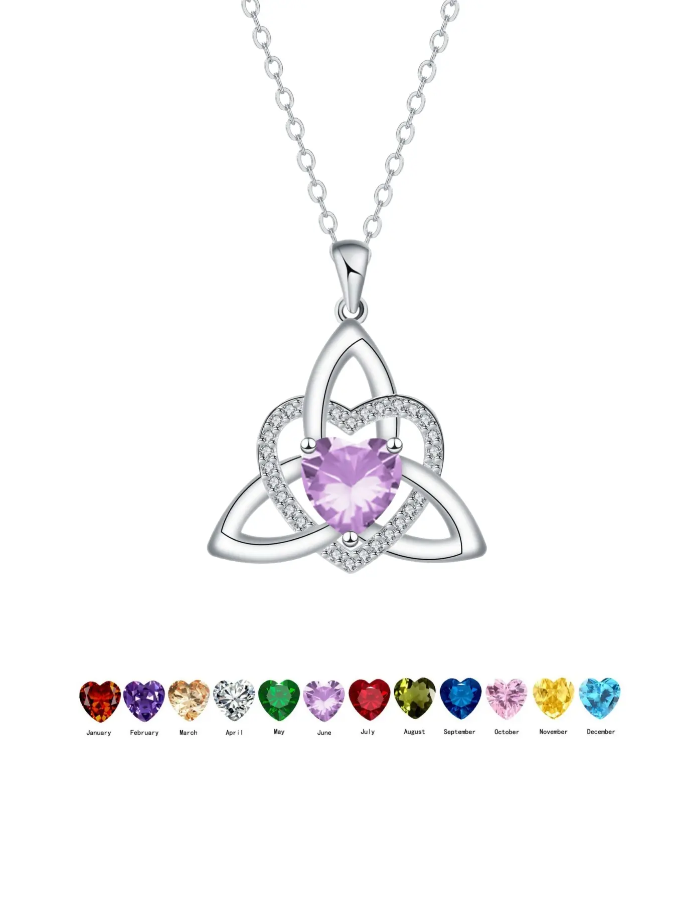 Celtic Trinity Knot Heart Birthstone Necklace for Women, CZ Crystal Pendant Necklace, Witch Knot Love Jewelry Gift for Mom Girlfriend Daughter, Heart Birthstones Necklace