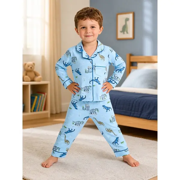 Boys' 2-Piece Long-Sleeve Pajama Set, Button-Down Collared Top & Pants, Soft Stretch Polyester Sleepwear with All-Over Cartoon Print, Pockets & Loose Fit, Ages 1-8, Sizes 90-130, Kaka Here