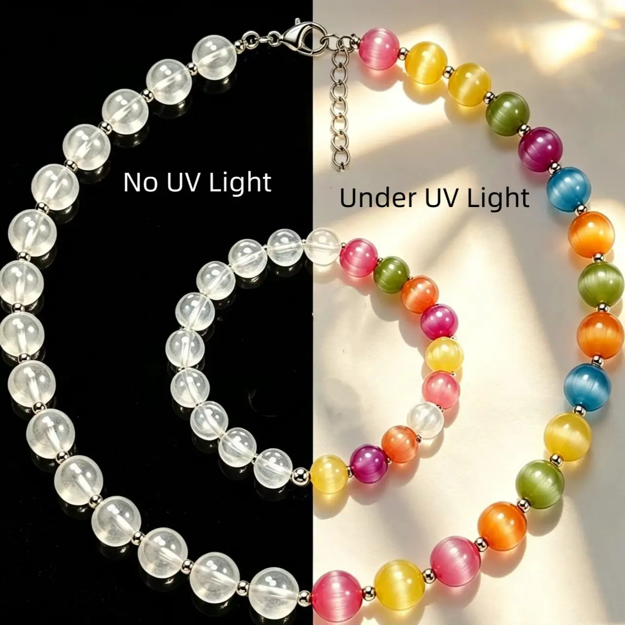 Dopamine Light Sensitive Color Changing Necklace, Colorful Beaded Bracelet, Rainbow Wristband, Summer Fashion Clavicle Chain，flyzoo