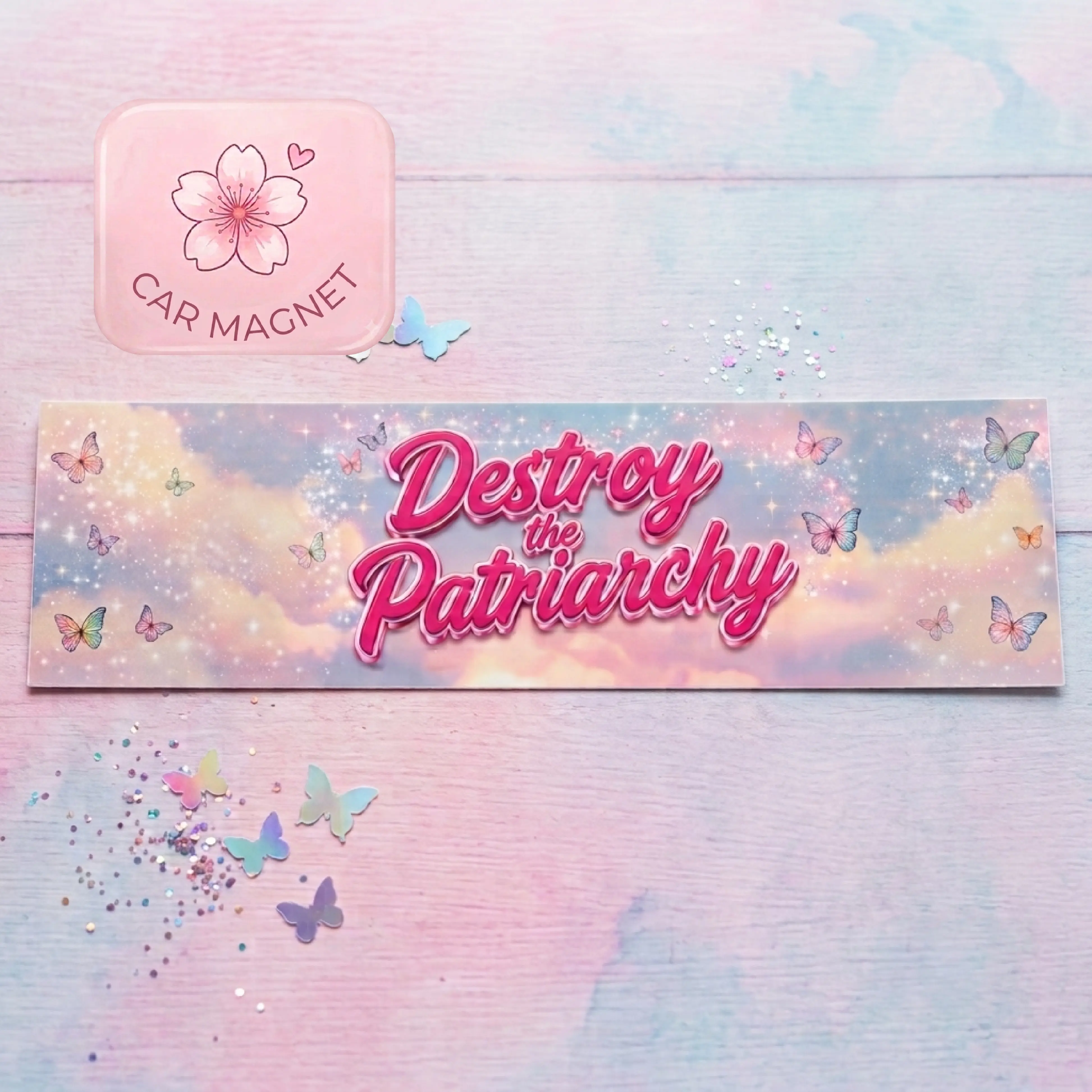Destroy the Patriarchy Car Magnet | Pastel Butterfly Feminist Decal