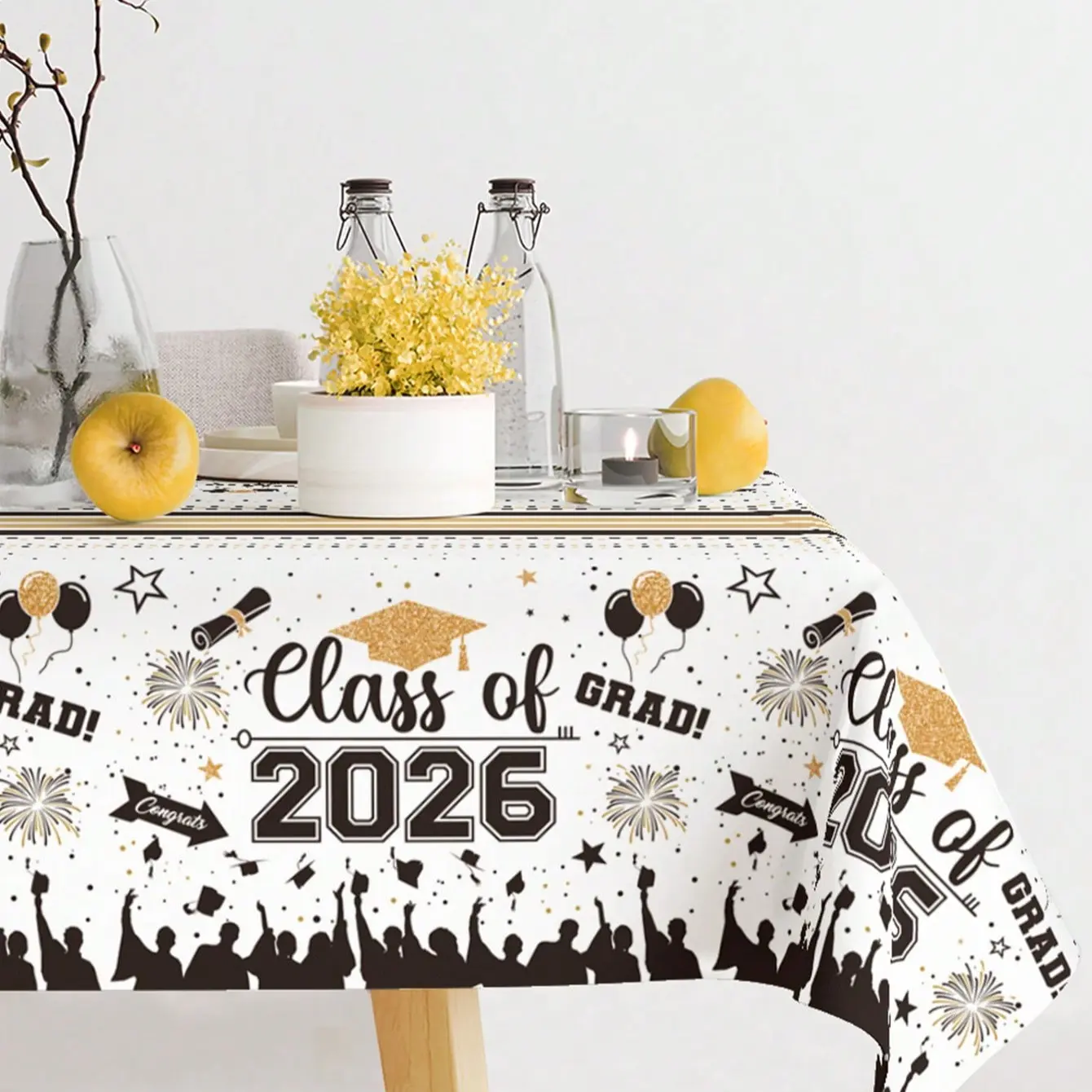 1Pc White And Golden Dots Congratulations Graduate Tablecloth, 220*130Cm Graduation Celebration Disposable Table Cover, Graduation Party Decoration, Graduation Decorations, Graduations Party Supplies, Graduation Season Party Supplies