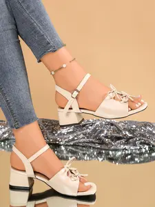 2026 New French Style Bow Heeled Shoes, Open Toe Strap Mid Heel Elegant Minimalist Sandals, Versatile Office Date Shoes, Comfortable and Stylish
