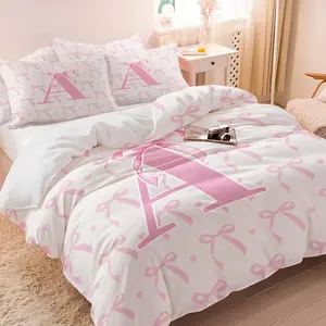 Pink Bow Print Bedding Set with A-Z Letter Design, The Set Includes 1/2 Pillowcases, Simple and Stylish Duvet Cover Set, Soft Comfortable for All Seasons, Ideal for Creating Princess Bedroom Decoration
