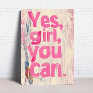 1 Piece of Canvas Art with a Wooden Frame, Featuring a Simple Typography Design That Says 'Yes Girl You Can' in Pink Letters. for Home Office or Bathroom Inspirational Gift Idea Ready to Hang Bathroom Wall Decor. Hand Drawn Artwork Decoration