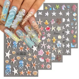 Ocean Life 5D Embossed Nail Art Stickers Decals, 5 Sheets Starfish Seashell Jellyfish Hibiscus Flowers Self Adhesive Nail Decals Summer Sea Theme Nail Supplies for Women Girls DIY Manicure Decor