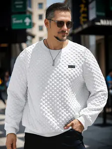 Men's fashionable checkered pattern long sleeved round neck sports shirt, made of 100% polyester knitted fabric, casual regular style, moderate elasticity, solid color cut with printed details, weighing 8.47 ounces per square meter. X