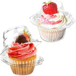 50 Pcs Plastic Individual Cupcake Boxes Single Cupcake Carrier with Connected Airtight Dome Lid for Party