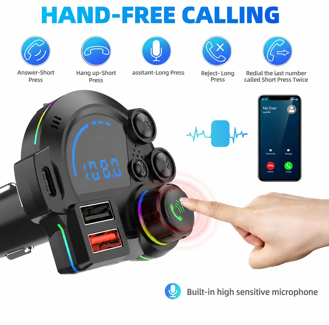 Upgraded Plug-in Type Bluetooth 5.3 FM Transmitter & Bluetooth Car Adapter, 20W PD Type-C Charger, 2026 Wireless MP3 Player, Dual USB Ports, RGB Glowing Radio Adapter, Bass Enhancer, Hands-Free Calls, In-Car Audio Accessory for 12V-24V Vehicles