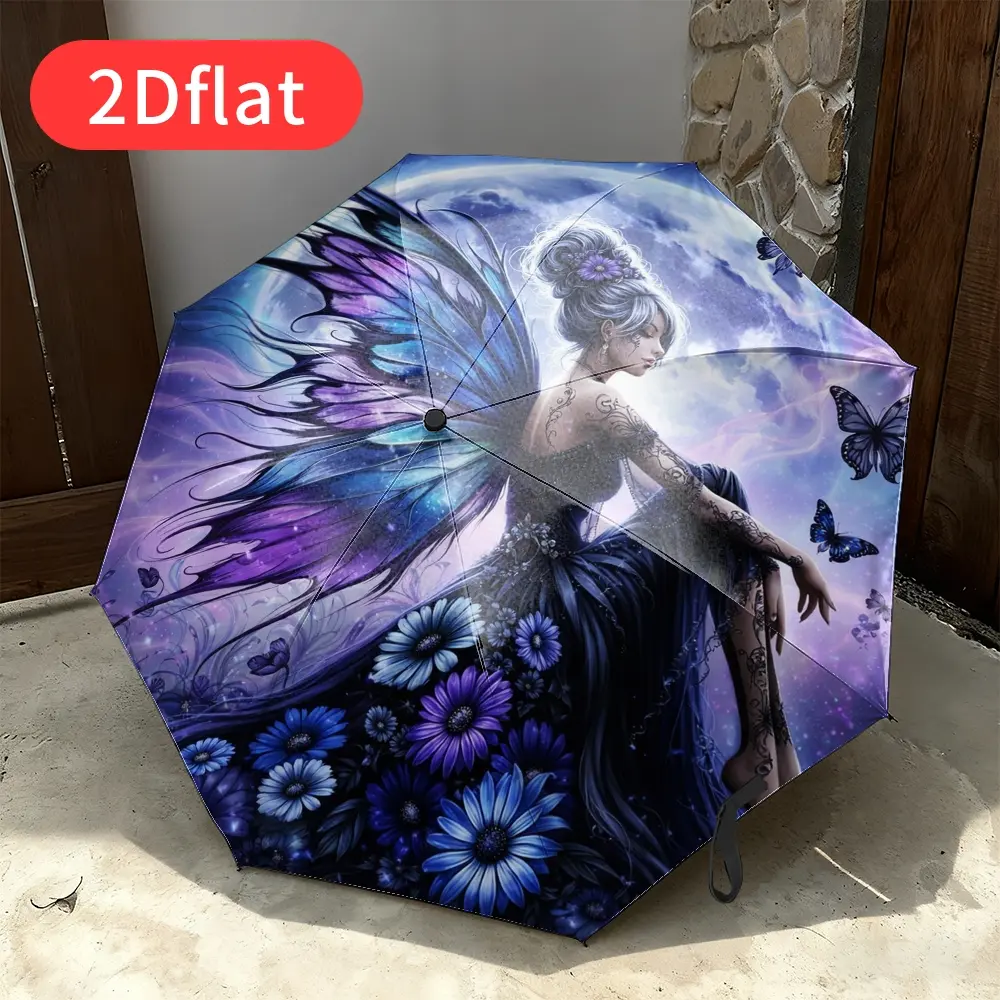 Automatic folding umbrella featuring colorful fairy wings surrounded by butterflies. Portable and foldable design, perfect as a casual outdoor accessory and ideal for Christmas, birthdays, and holiday gifts.
