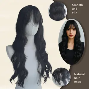 Ladies Heat-Friendly Synthetic Curly Wig with Adjustable Air Bangs & Center Part Long Curly Hair Bouncy Curls for Natural Look 60cm-70cm Length Fashionable Models Natural and Realistic for Daily Wear