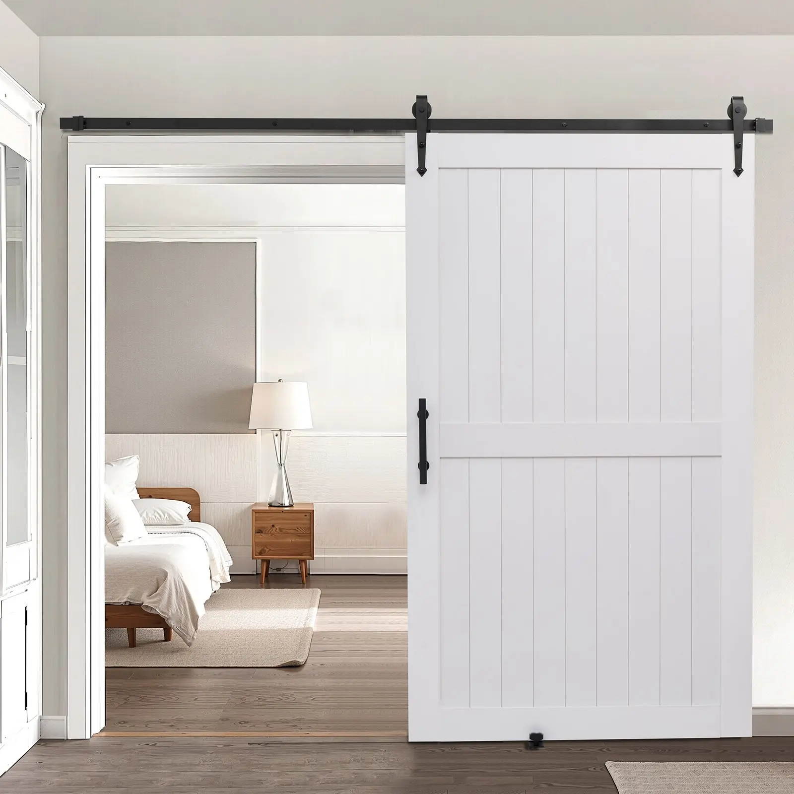 Sliding Barn Door With Hardware Kit For Interior Use, 48 By 84 Inches, MDF Panel With PVC Surface, Rustic Farmhouse Style, Durable Track And Roller System, Noise-Reducing Sliding Door, Easy Assembly, Ideal For Living Room Hallway