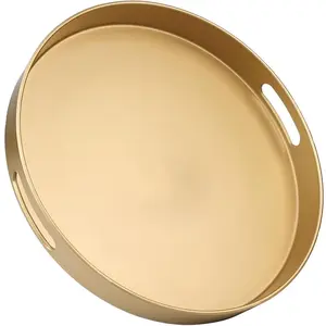 Round Gold Decorative Serving Tray with Handles 13” Versatile Ottoman Tray for Coffee Table Entertaining Outdoor Patio Living Room