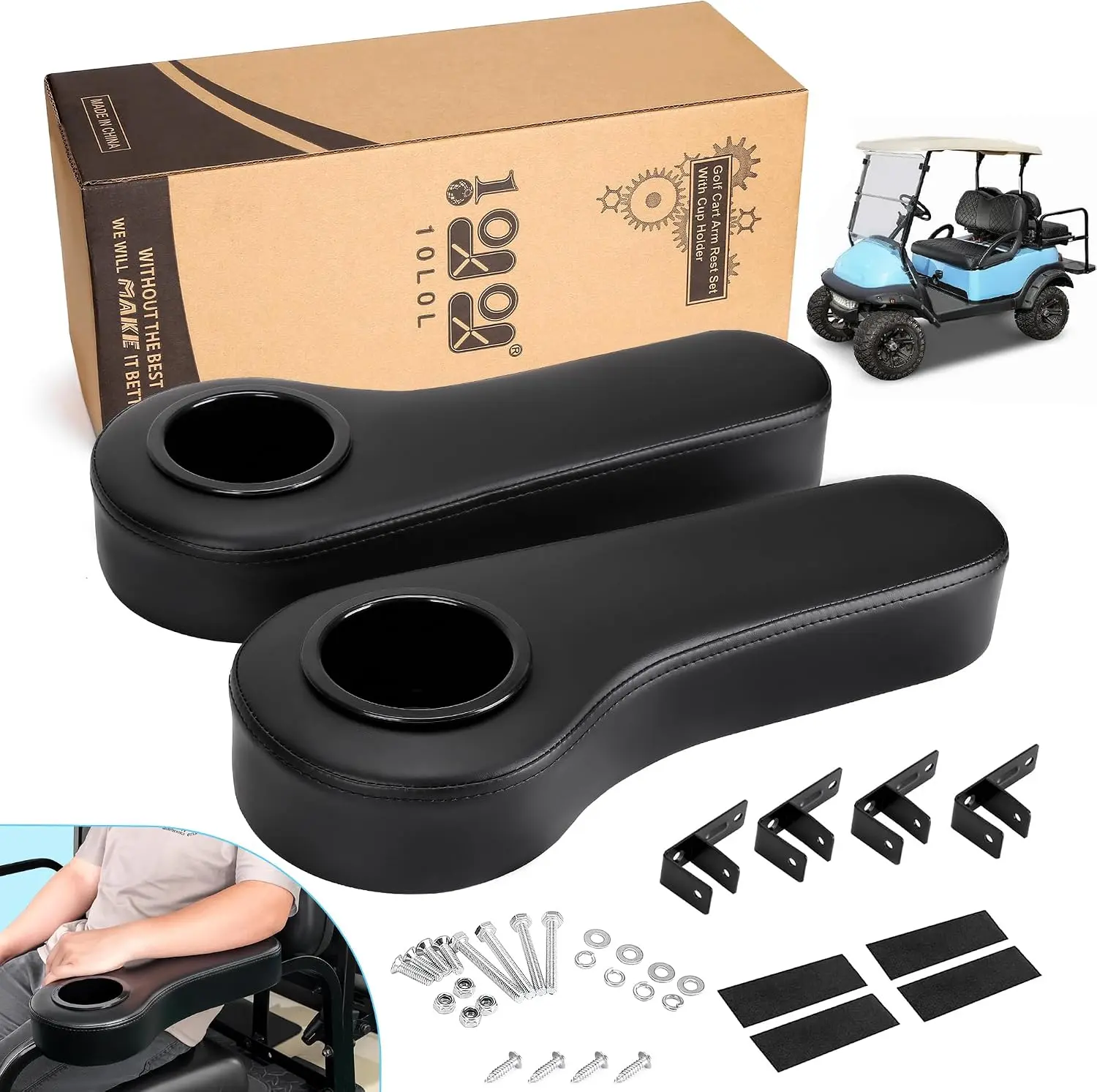 10L0L Golf Cart Cool Car Stuff Rear Seat Kit Arm Rest Set with Cup Holder for Yamaha EZGO Club Car Golf Cart UV-Proof Coating Long Lasting, No Drilling Kits Include