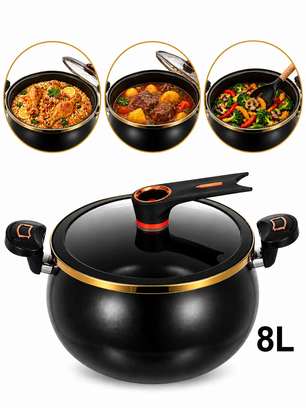 8L Large Nonstick Pasta Pot, Ceramic Stock Pot with Lid, Soup Stockpot with Antiscald Handles for Spaghetti, Rice, Stew & Family Cooking, Dishwasher Safe Cookware, Black