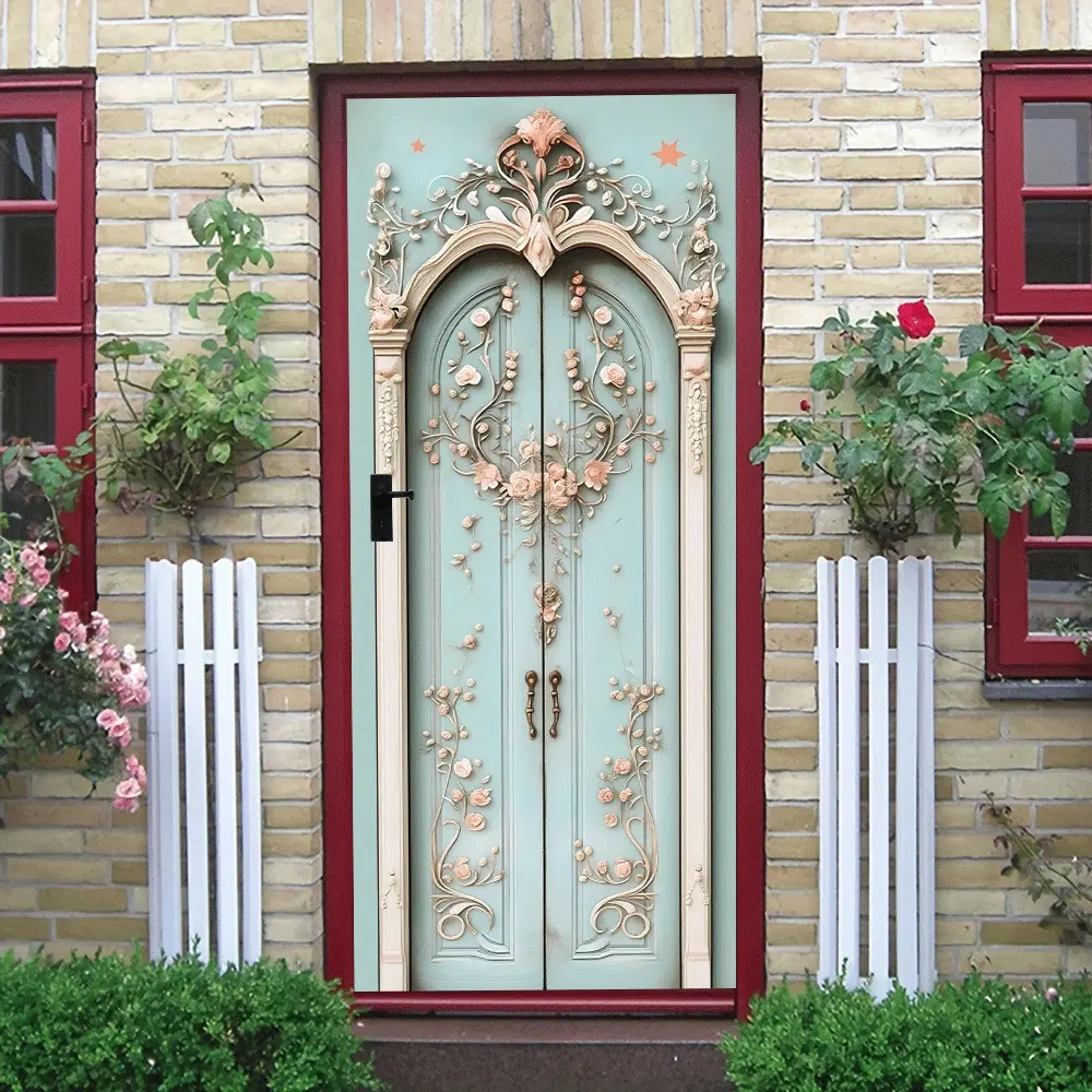 2pcs European Retro Relief Decorative Door Wall Sticker Stereo Simulated Wooden Door Decal Self Adhesive Wallpaper for Living Room Entrance Bedroom Waterproof Removable Art Wall Mural Decoration Sticker