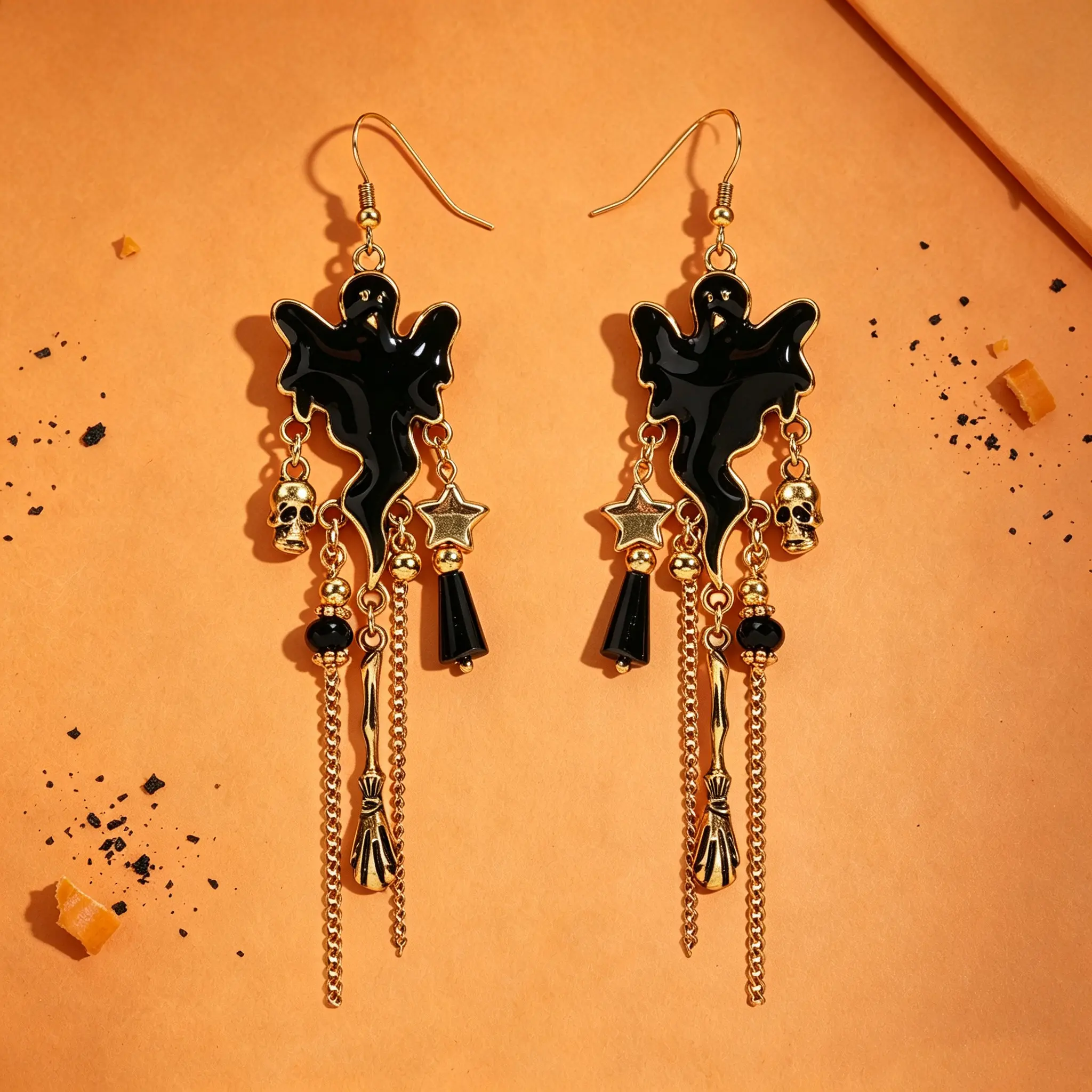 Women's Gothic Halloween Party Costume Earrings - Dark Ghost Skull & Broom, Retro Black-Gold Heavy-Duty 10cm Copper Alloy Tassel Dangle Earrings