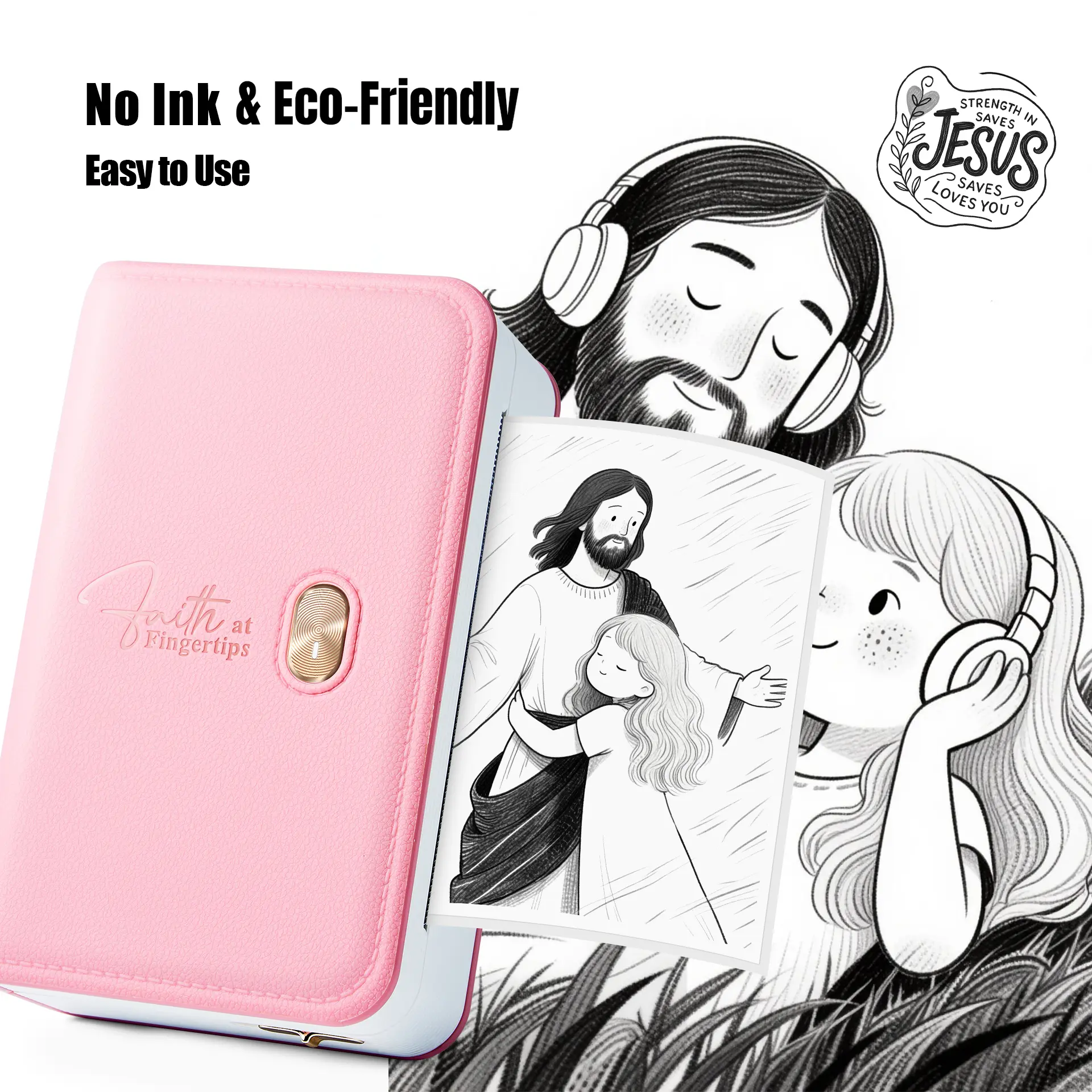 【First Sunday】FaithTag Pink Bible Sticker Mini Portable Printer FP31, Bible Study Journal Supplies, Scrapbooking Stickers, for Women, Men, Kids, Christian, Compatible with 2" & 3" Thermal Paper, with 4 Rolls