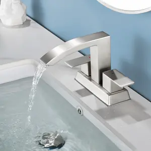 Deck Mounted Waterfall Faucet 4 Inch Centerset Adjustable Flow Control Double Handle Bathroom Faucet with Pop-Up Drain in Matte Black| Brushed Nickel | Brushed Gold