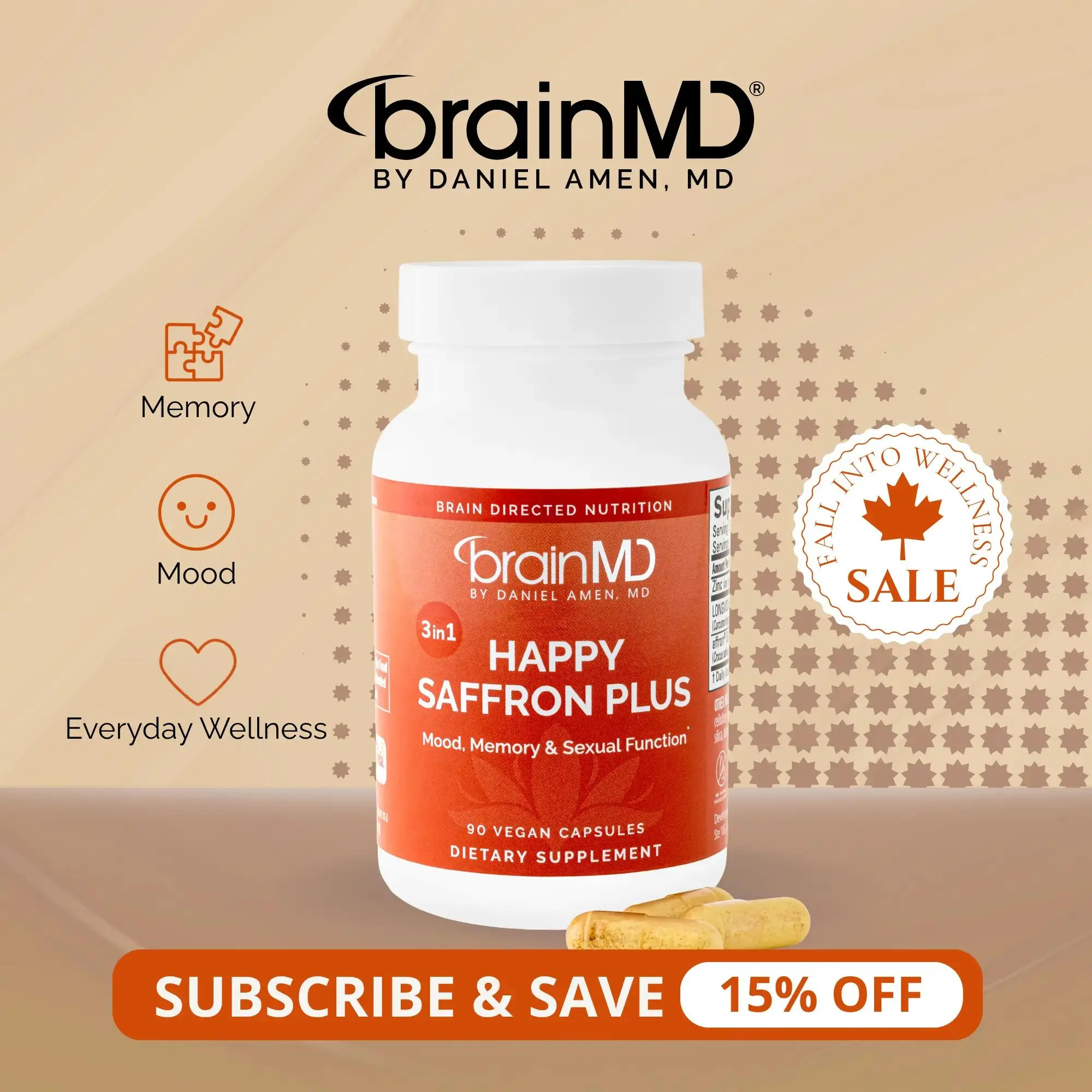 Happy Saffron Plus | BrainMD | 90 Capsules | Powerful 3 in 1 Mood & Stress Support | Memory & Focus Support | Affron Saffron Extract with Curcumin & Zinc