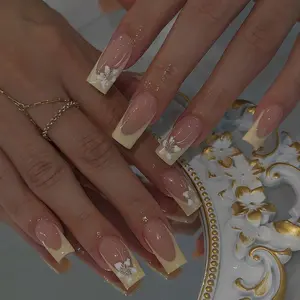 24pcs Medium Square Press-On Nails, French Style, Floral Design, Flower Nails, Glossy Finish, Easy Wear Acrylic False Nails Set for Women and Girls, Pressed On Nails