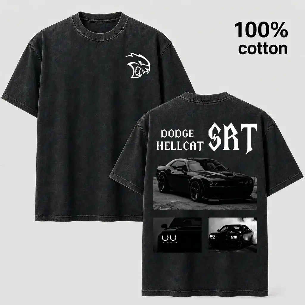 Vintage Washed 100% Cotton Dodge Hellcat SRT Graphic T-Shirt Oversized Streetwear Muscle Car Tee