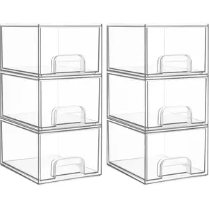 Vtopmart 6 Pack Clear Stackable Storage Drawers, 4.4'' Tall Acrylic Bathroom Makeup Organizer,Plastic Storage Bins For Vanity, Undersink, Kitchen Cabinets, Pantry, Home Organization and Storage