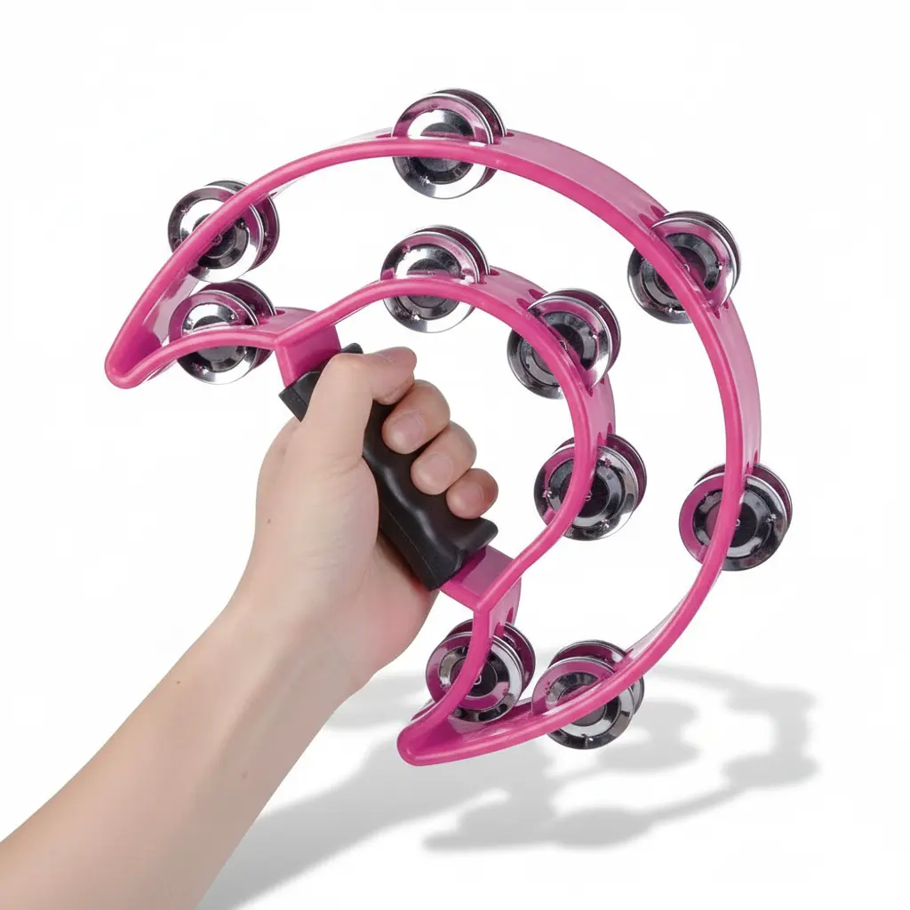 Pink Half Moon Tambourine, Double Row Metal Jingles, Ergonomic Grip Handheld Percussion Musical Instrument for KTV Party, Percussion Musical Instruments