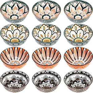 12 Pack Porcelain Bowls, 10 Ounces Small Bowl Set, Colorful Floral Round Bowl for Soup, Ice Cream, Snacks, Rice, Salad, Fruits, Side Dishes, Dishwasher and Microwave Safe