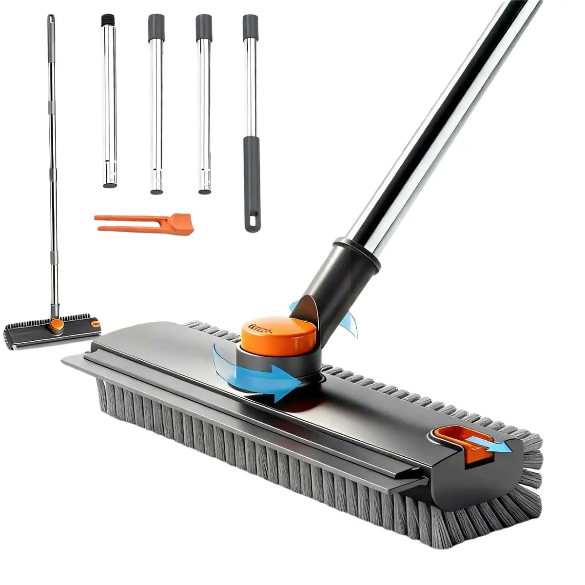 3-in-1 Heavy-Duty Floor Scrub Brush with Long Handle, Silicone Squeegee, V-Shape Stiff Bristles | Adjustable Cleaning Tool for Tile, Garage, Wall