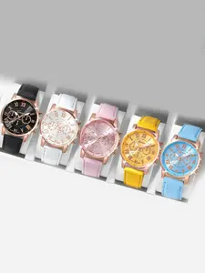 5-piece/set classic color palette leather casual trendy wristwatch with dopamine-colored multi-color options, Geneva couple quartz watch set
